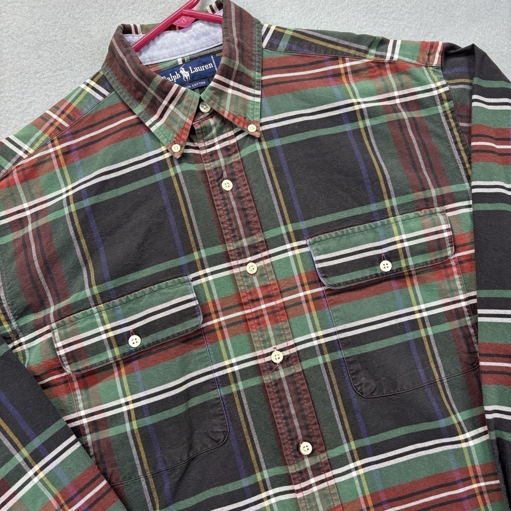 VTG Ralph Lauren Shirt Mens M Tartan Plaid Button Down Oxford Cloth Pockets Y2K